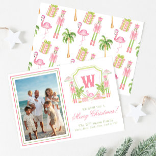 Pink & Green Palm Beach Nutcracker Monogram Crest Holiday Card