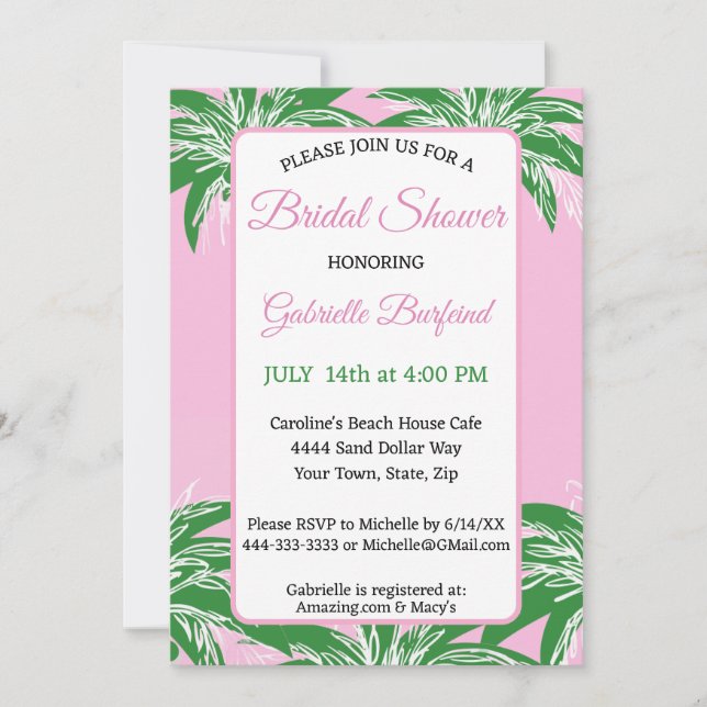 Pink & Green Palm Bridal Shower Invitation | Palm  (Front)