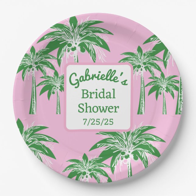 Pink Green Palm Tree Bridal Shower Custom Name Paper Plate (Front)