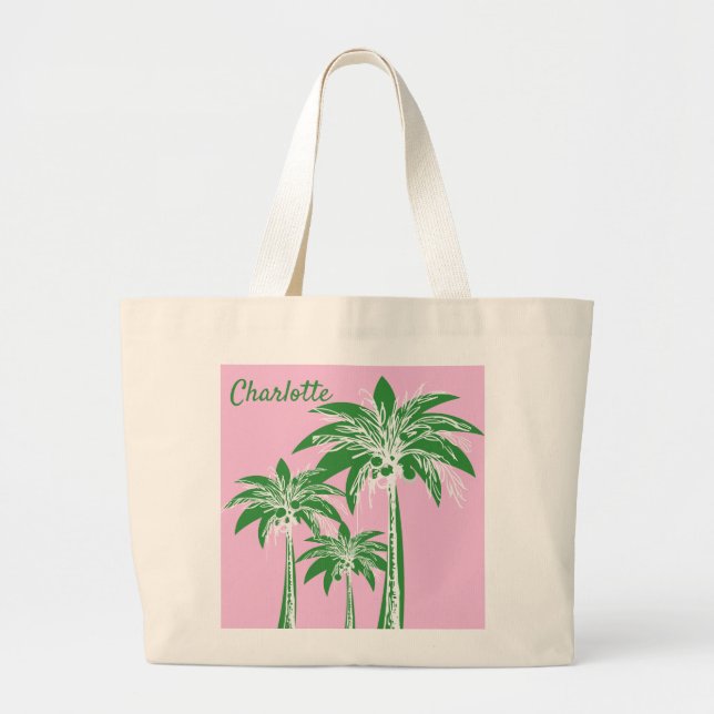 Pink Green Palm Tree Preppy Beach Summer Name Large Tote Bag (Front)
