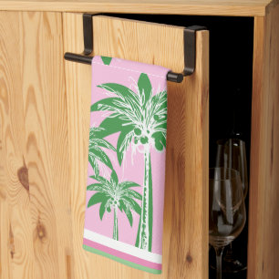 Pink Green Palm Tree Preppy Coastal Beach Tea Towel