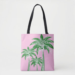 Pink Green Palm Tree Preppy Girly Beach Tote Bag
