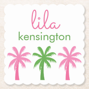 Pink & Green Palm Trees Personalized Coasters