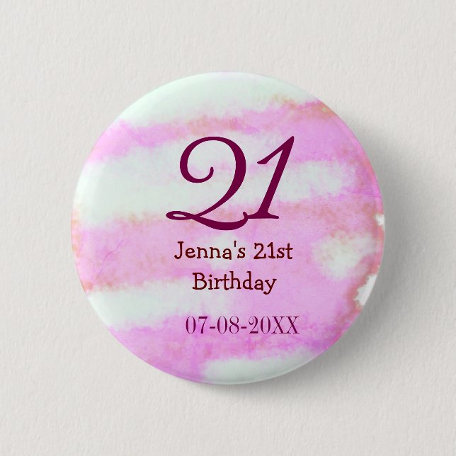 Pink green pastel 21st birthday simple name date g 6 cm round badge (Front)