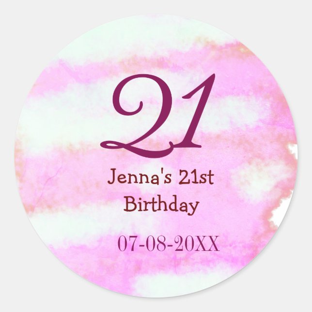 Pink green pastel 21st birthday simple name date g classic round sticker (Front)