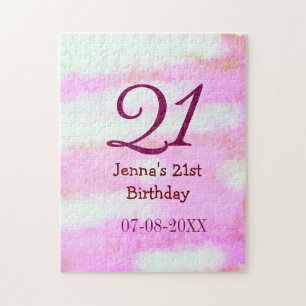 Pink green pastel 21st birthday simple name date g jigsaw puzzle