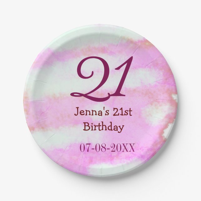 Pink green pastel 21st birthday simple name date g paper plate (Front)