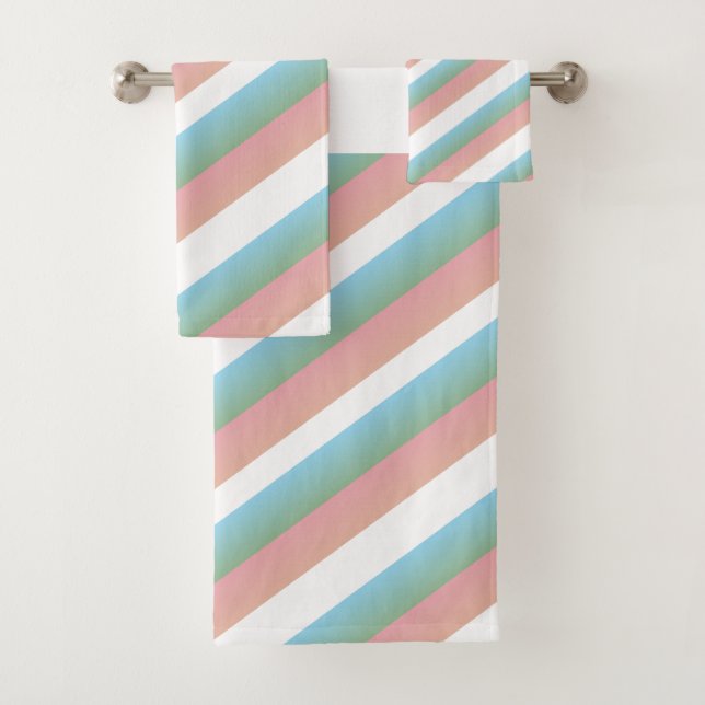 Pink Green Pastel Ombre Multi - Stripes Bath Towel Set (Insitu)