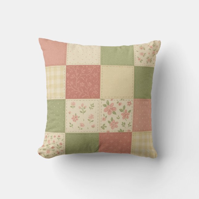 Pink Green Patchwork Quilt Rustic Farmhouse  Cushion (Front)