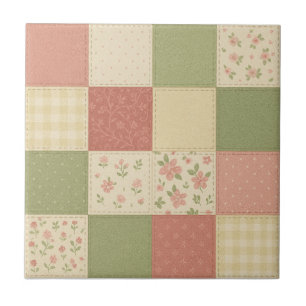 Pink Green Patchwork Quilt Rustic Farmhouse Floral Ceramic Tile