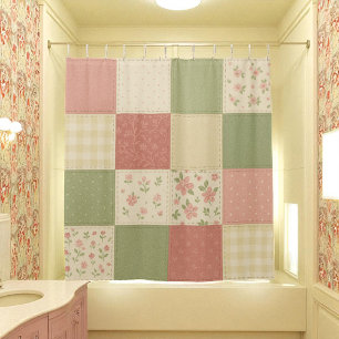 Pink Green Patchwork Quilt Rustic Farmhouse Floral Shower Curtain