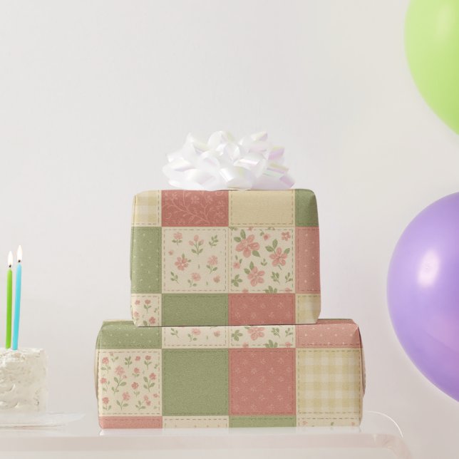 Pink Green Patchwork Quilt Rustic Farmhouse Floral Wrapping Paper (Party Gifts)
