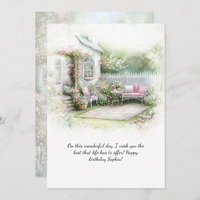 Pink Green Patio Garden Setting Birthday | Invitation (Front/Back)