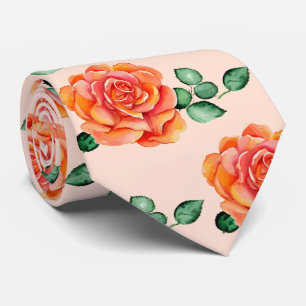 Pink Green Peach Floral Watercolor Roses Tie