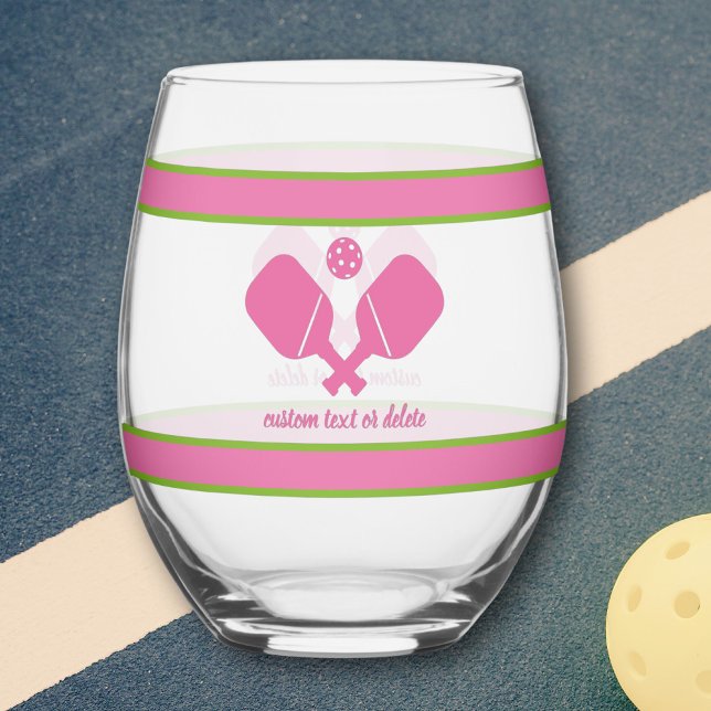 Pink Green Personalised Custom Text Pickleball  Stemless Wine Glass (Creator Uploaded)
