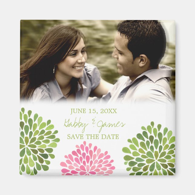 Pink Green Petals Save the Date Wedding Magnet (Front)