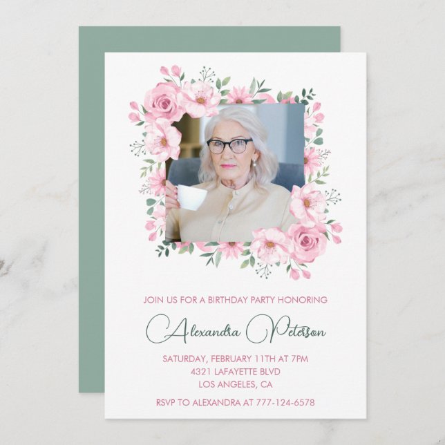 Pink Green Photo Floral Frame 94th birthday Invitation (Front/Back)