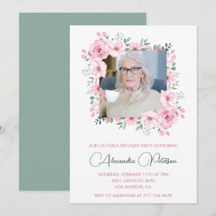 Pink Green Photo Floral Frame 97th birthday Invitation