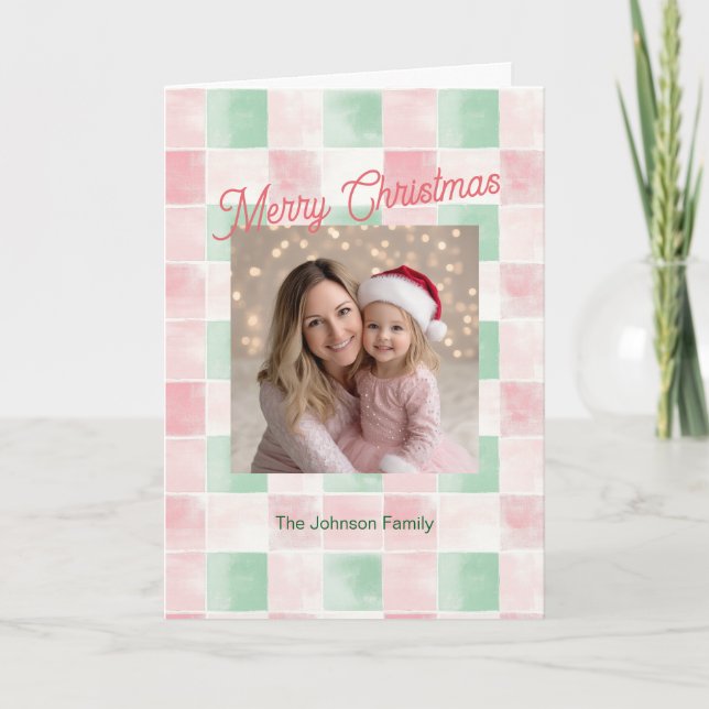 Pink Green Photo Retro Pattern Christmas Card (Front)