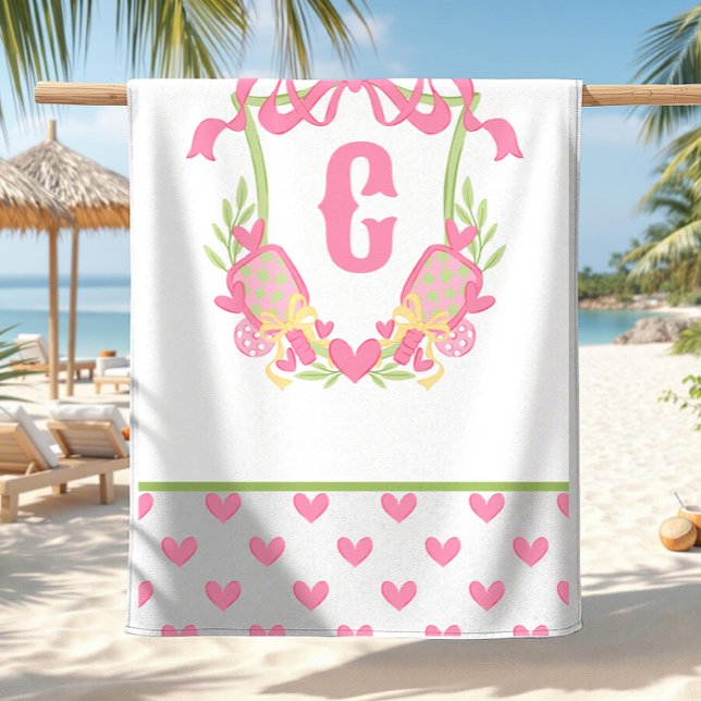 Pink & Green Pickleball Paddle Monogram Crest Beach Towel (Creator Uploaded)