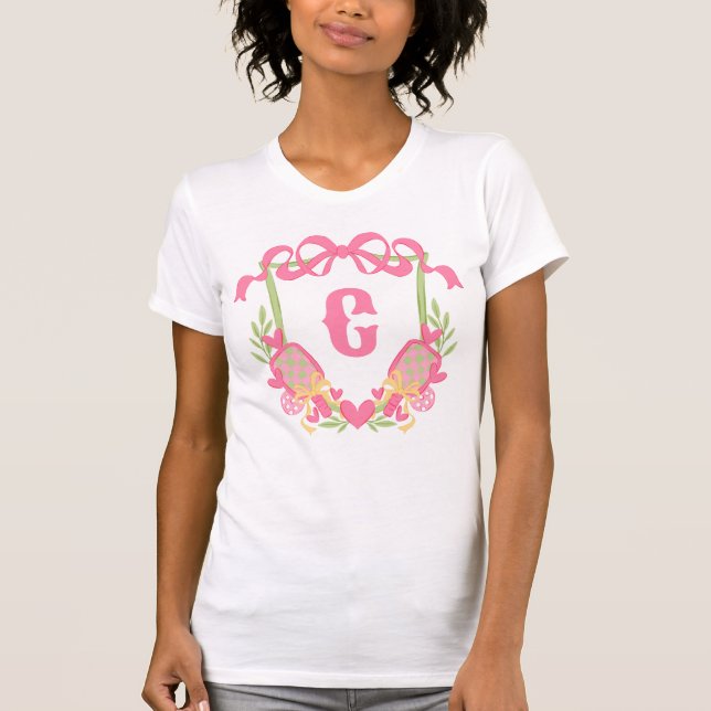 Pink & Green Pickleball Paddles Monogram Crest T-Shirt (Front)