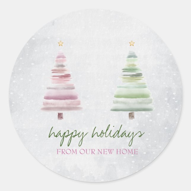 Pink Green Pine Tree Snow Holiday   Classic Round Sticker (Front)