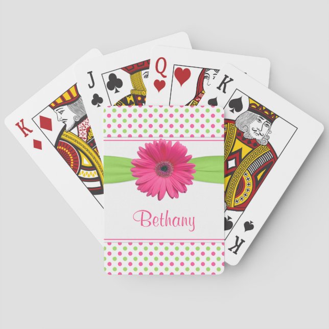 Pink Green Polka Dot Gerber Daisy Personalised Playing Cards (Back)