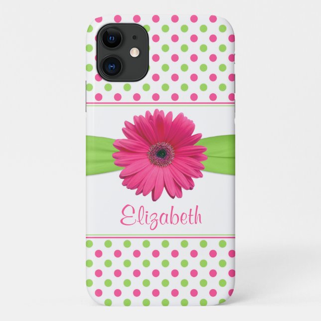 Pink Green Polka Dot Gerbera Daisy Case-Mate iPhone Case (Back)