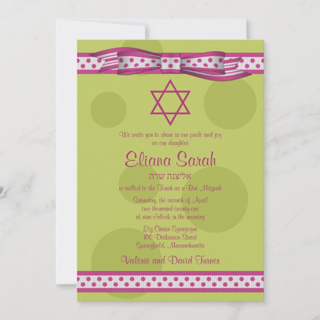 Pink Green Polka Dots Bow Bat Mitzvah Invitation (Front)