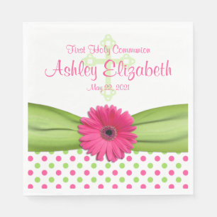 Pink Green Polka Dots First Communion Personalised Napkin