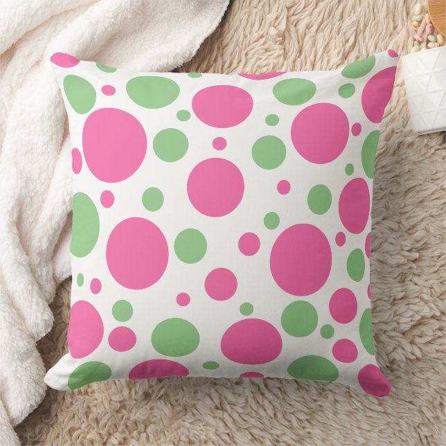 Pink Green Polka Dots Solid Pink Cushion (Blanket)
