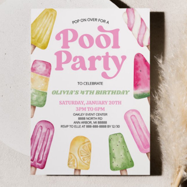 Pink Green Pool Party Popsicle Birthday Party Invitation (Creator Uploaded)