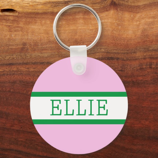 Pink Green Preppy Personalised Backpack Tag Key Ring (Front)