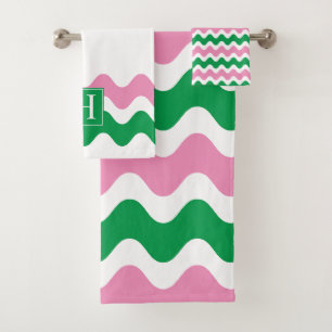 Pink & Green Preppy Ric Rac Stripe Bath Towel Set
