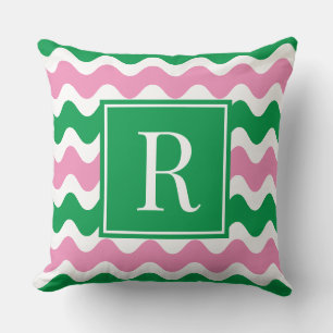 Pink & Green Preppy Ric Rac Stripe Monogram  Cushion