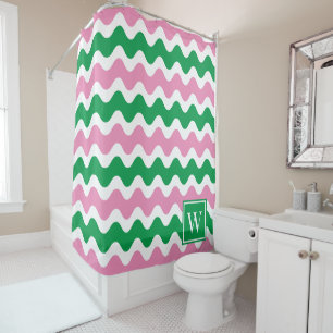 Pink & Green Preppy Ric Rac Stripe Shower Curtain
