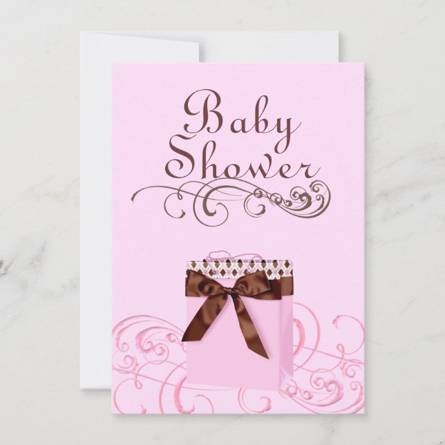 Pink/Green Present & Swirl Baby Shower Invitation (Front)