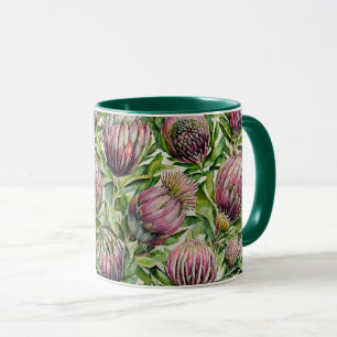 Pink & Green Protea Flowers Pattern Mug