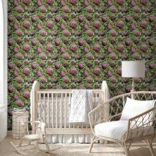 Pink & Green Protea Flowers Pattern Wallpaper
