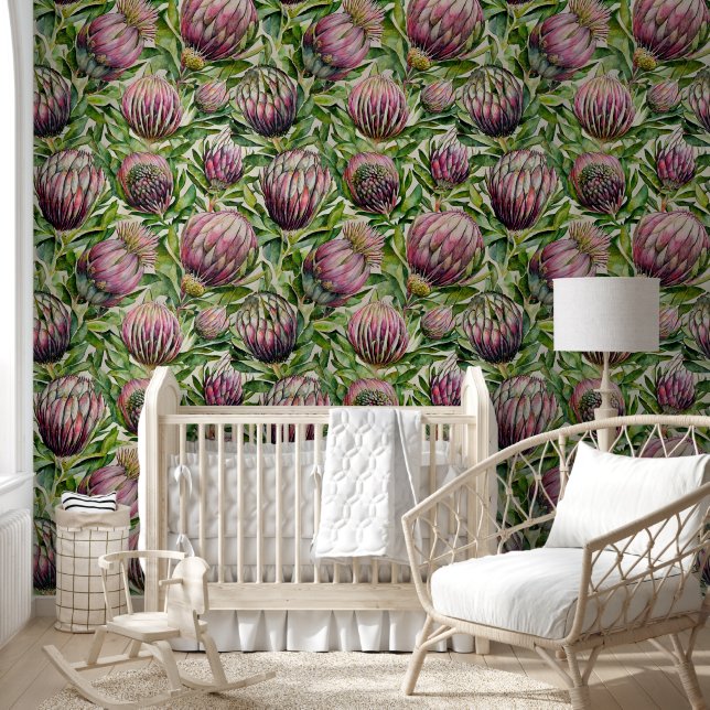 Pink & Green Protea Flowers Pattern Wallpaper (Kids)