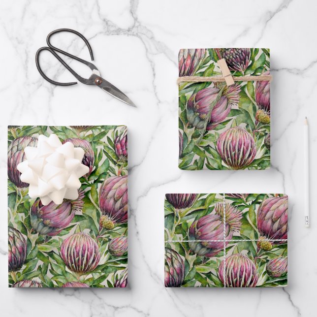 Pink & Green Protea Flowers Pattern Wrapping Paper Sheet (Front)