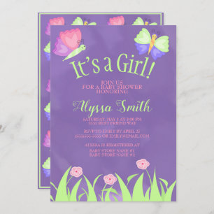 Pink Green Purple Butterflies Baby Girl Shower Invitation