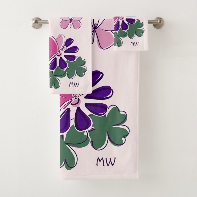 Pink Green Purple Flower Butterfly Doodle Initials Bath Towel Set (Insitu)
