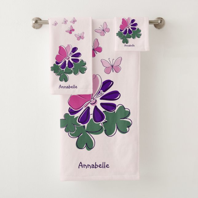 Pink Green Purple Flower Butterfly Doodle Name Bath Towel Set (Insitu)