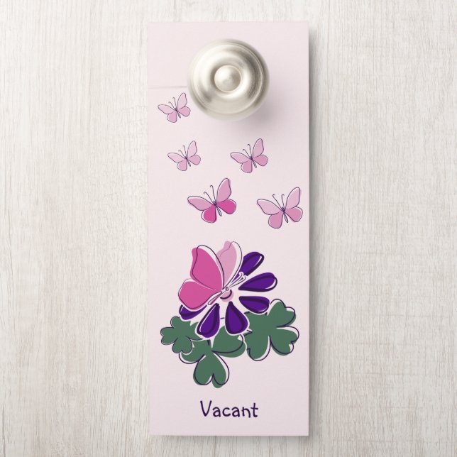 Pink Green Purple Flower Butterfly Doodle Name Door Hanger (On Knob)