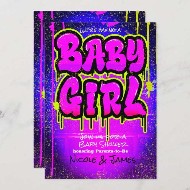 Pink Green Purple Paint Dripping Baby Shower Girl Invitation (Front/Back)