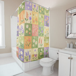 Pink Green Purple Pastel Quilt Patchwork Floral Shower Curtain