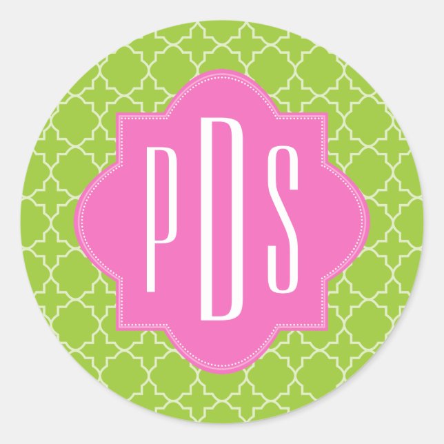 Pink + Green Quatrefoil Monogram Classic Round Sticker (Front)