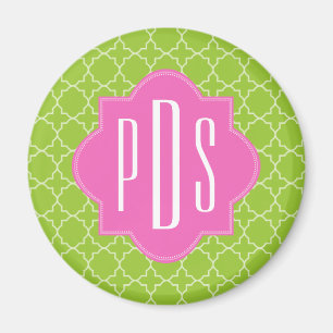 Pink + Green Quatrefoil Monogram Magnet