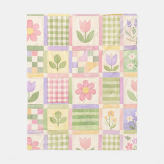 Pink Green Quilt Patchwork Pastel Floral Vintage Fleece Blanket